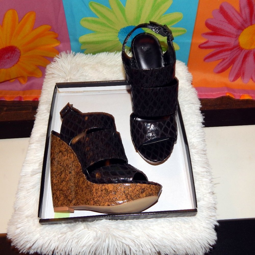Minx Ruth Black and Cork Platform Wedges, Size 7